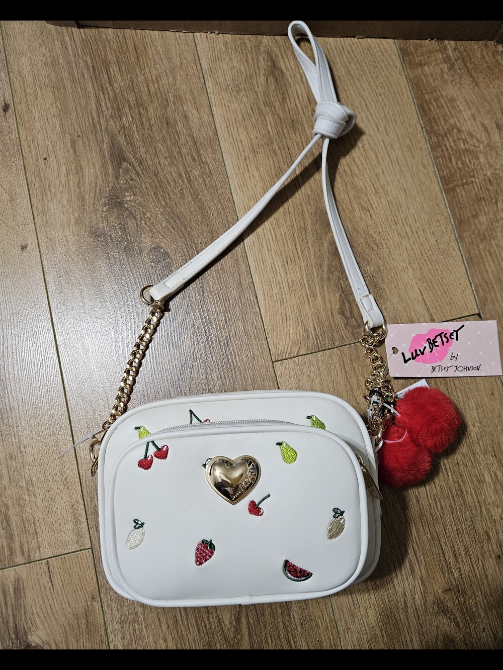 Betsey Johnson White Crossbody with Fruit Embroidery and Gold Heart